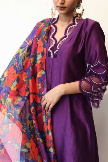 Purple scallop tussar kurta set - 1368